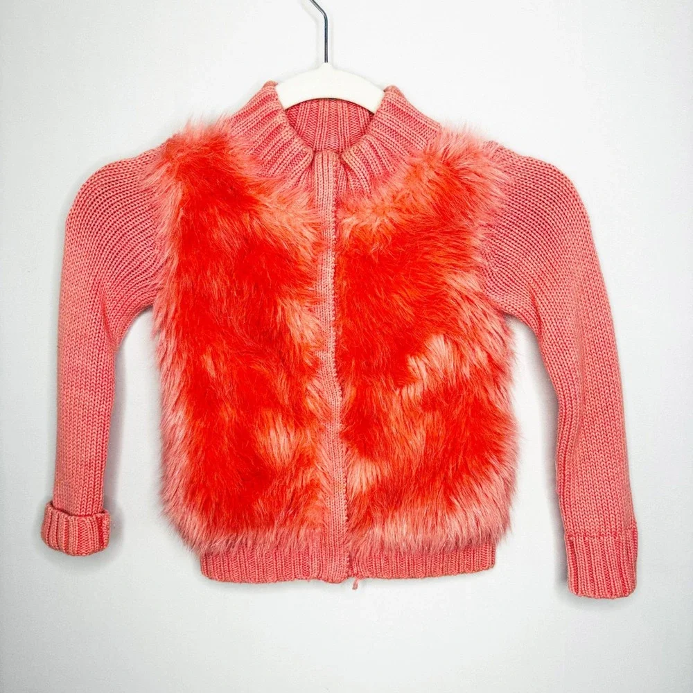 GapKids Girls Coral Pink Faux Fur Zip Up Sweater Jacket Size XS 4/5